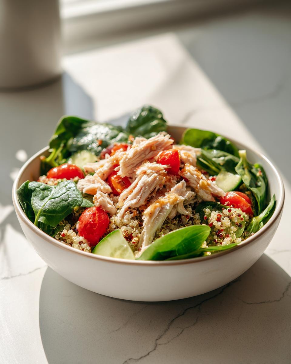 Ensalada con pollo desmenuzado, quinoa, espinacas, tomate cherry y pepino en un bol blanco.