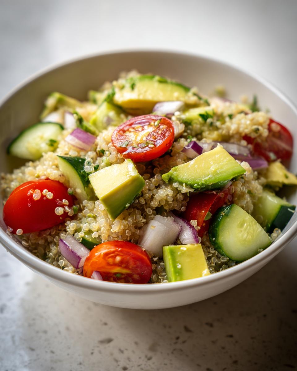 Ensalada de quinoa con aguacate, tomate cherry, pepino y cebolla morada en un bol blanco.