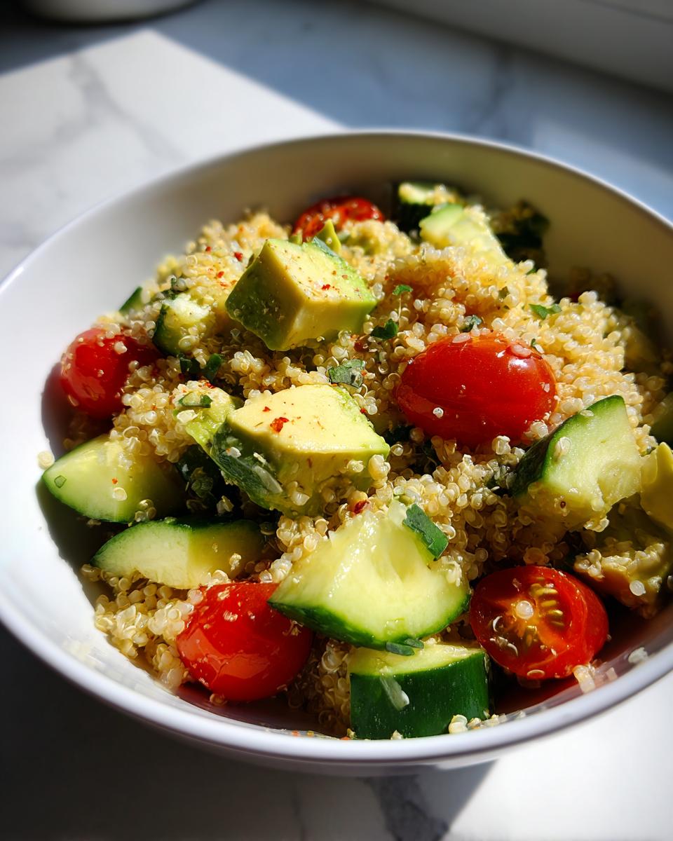 Ensalada fresca de quinoa con aguacate, tomates cherry y pepino en un bol blanco