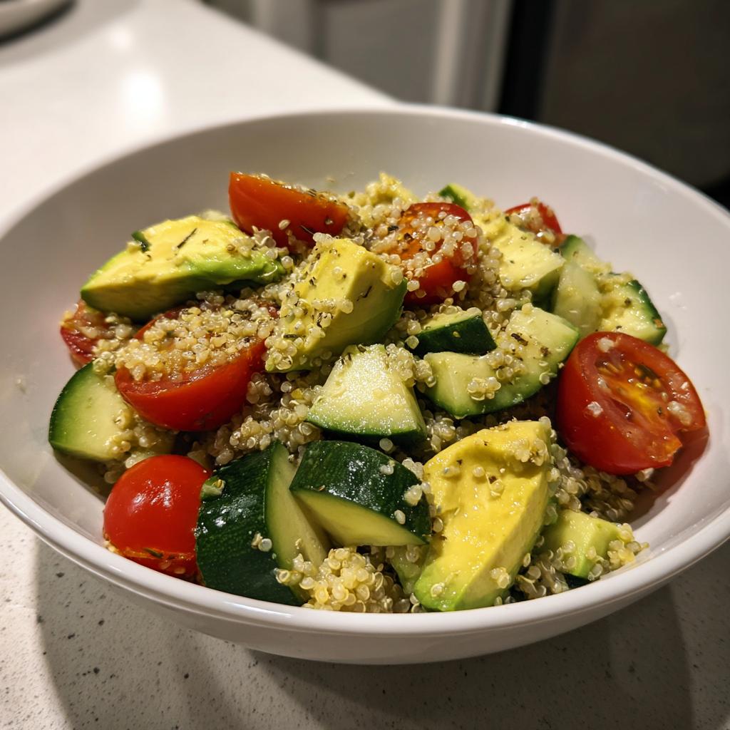 Ensalada con quinoa, aguacate, tomate cherry y pepino en un bol blanco, ideal para comidas para llevar al trabajo