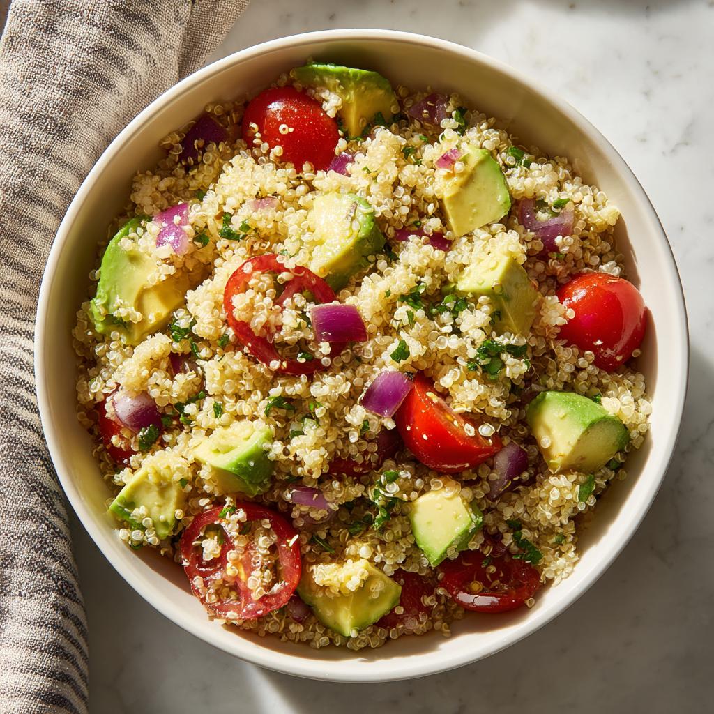 Ensalada de quinoa con aguacate, tomate cherry y cebolla morada en un bol blanco