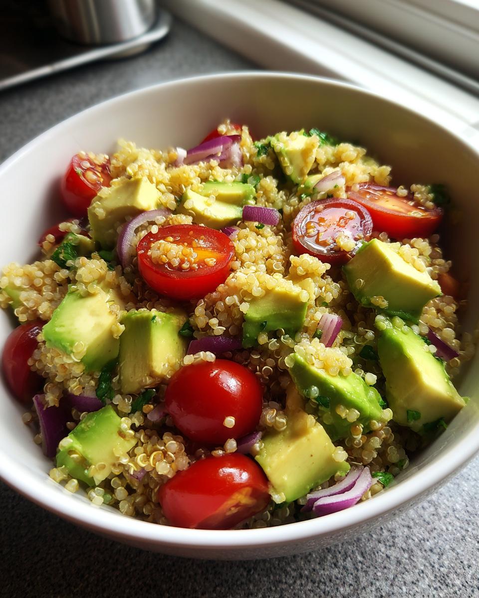 Ensalada con quinoa, aguacate, tomate cherry y cebolla morada en un bol blanco