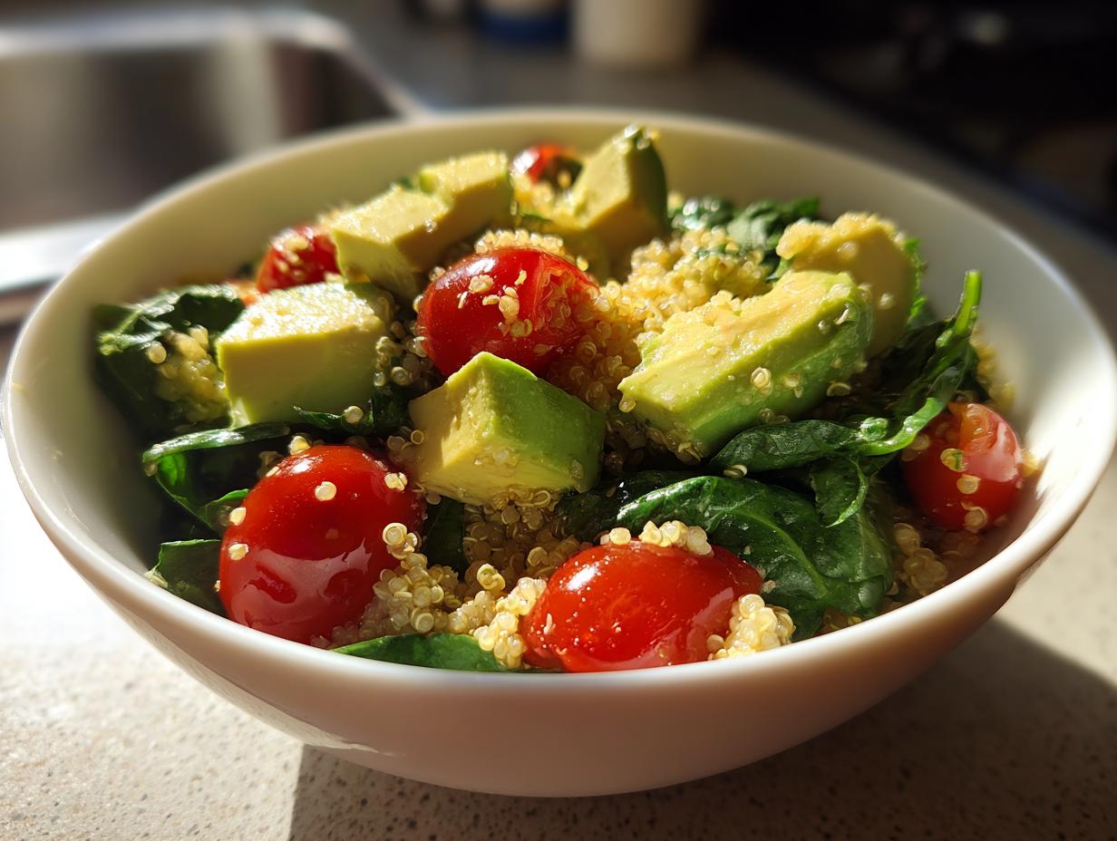 Ensalada con quinoa, aguacate, tomates cherry y espinacas en un bol blanco, receta ligera para operación bikini