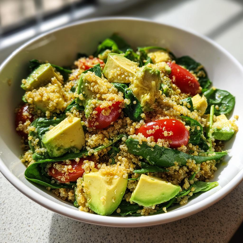 Ensalada de quinoa con aguacate, espinacas y tomates cherry, ideal para recetas ligeras para operación bikini.