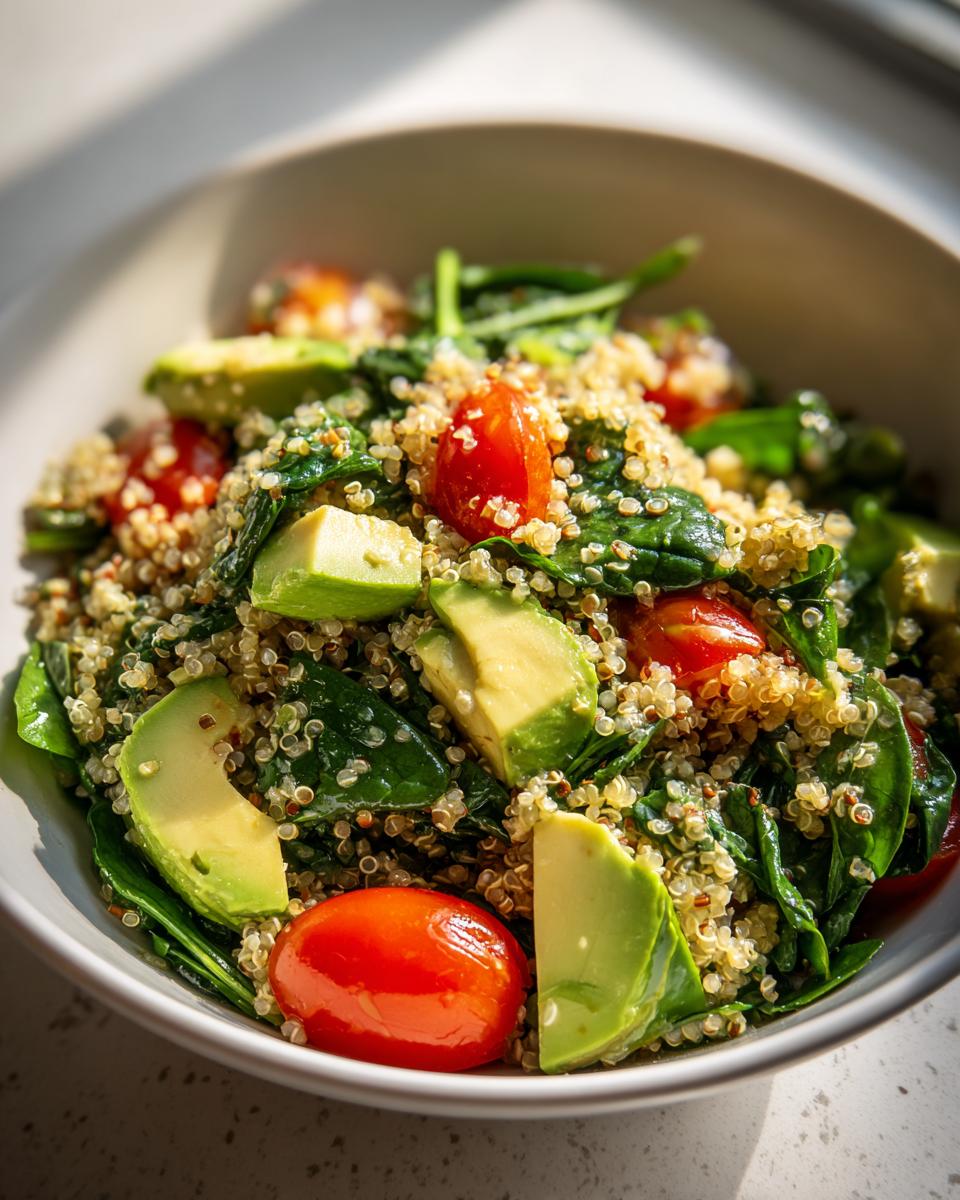 Ensalada con quinoa, aguacate, espinacas y tomates cherry en un bol blanco