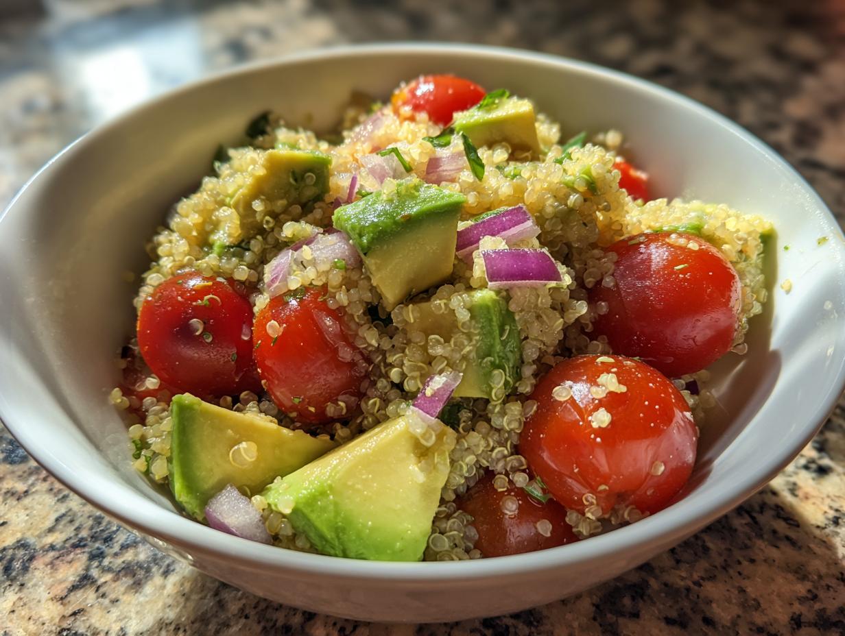 Ensalada con quinoa, aguacate, tomate cherry y cebolla morada en un bowl blanco.