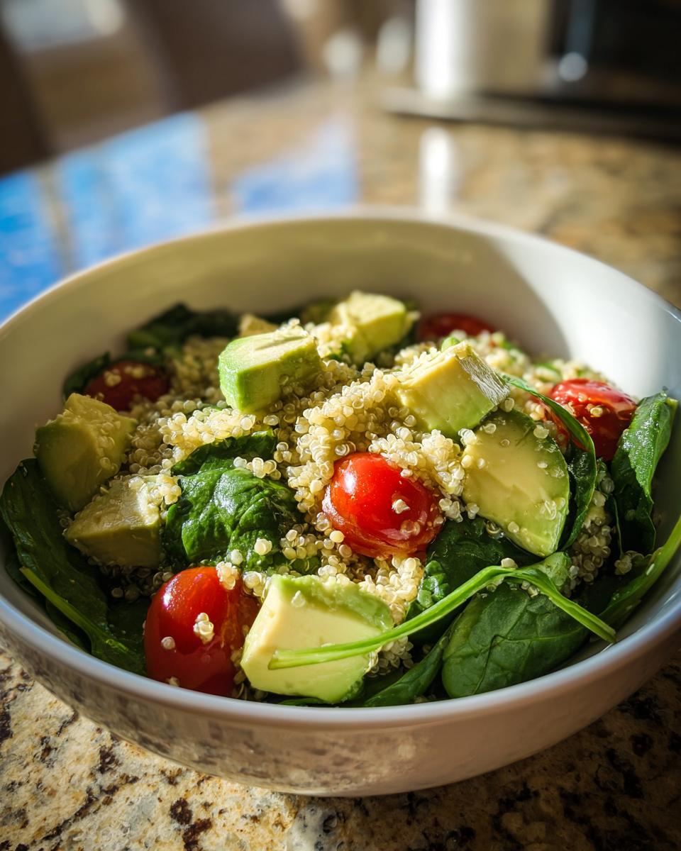 Ensalada saludable con quinoa, aguacate, tomate cherry y espinacas en un bol blanco.