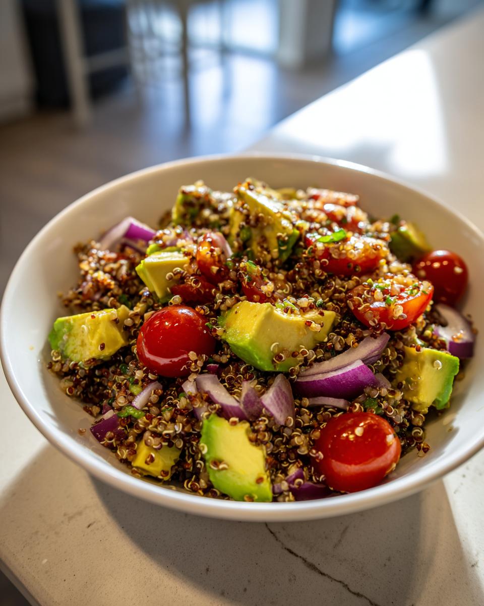 Ensalada con quinoa, aguacate, tomates cherry y cebolla morada en un bol blanco