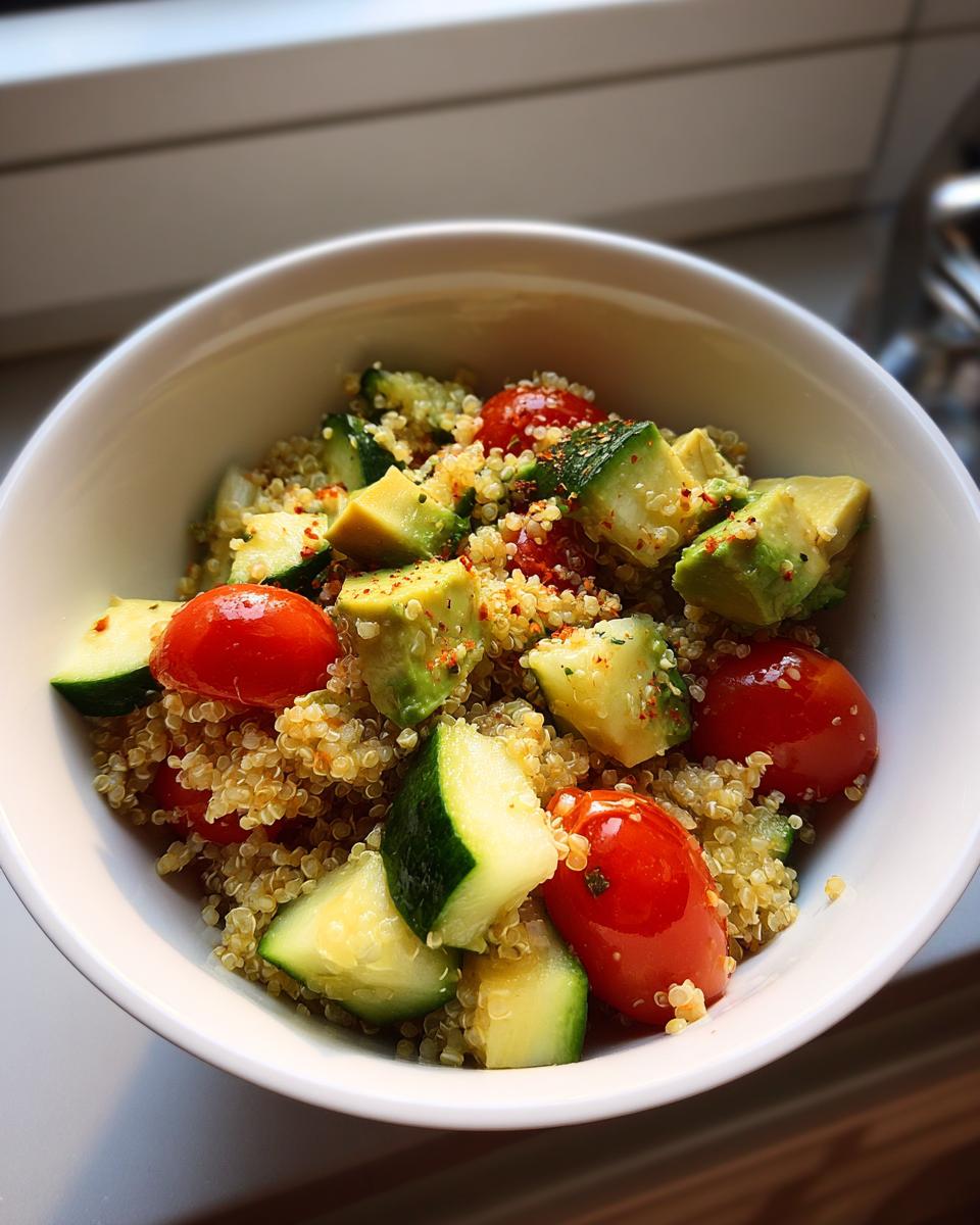 Ensalada con quinoa, aguacate, tomate cherry y pepino en un bol blanco, ideal para cenas saludables en 30 minutos