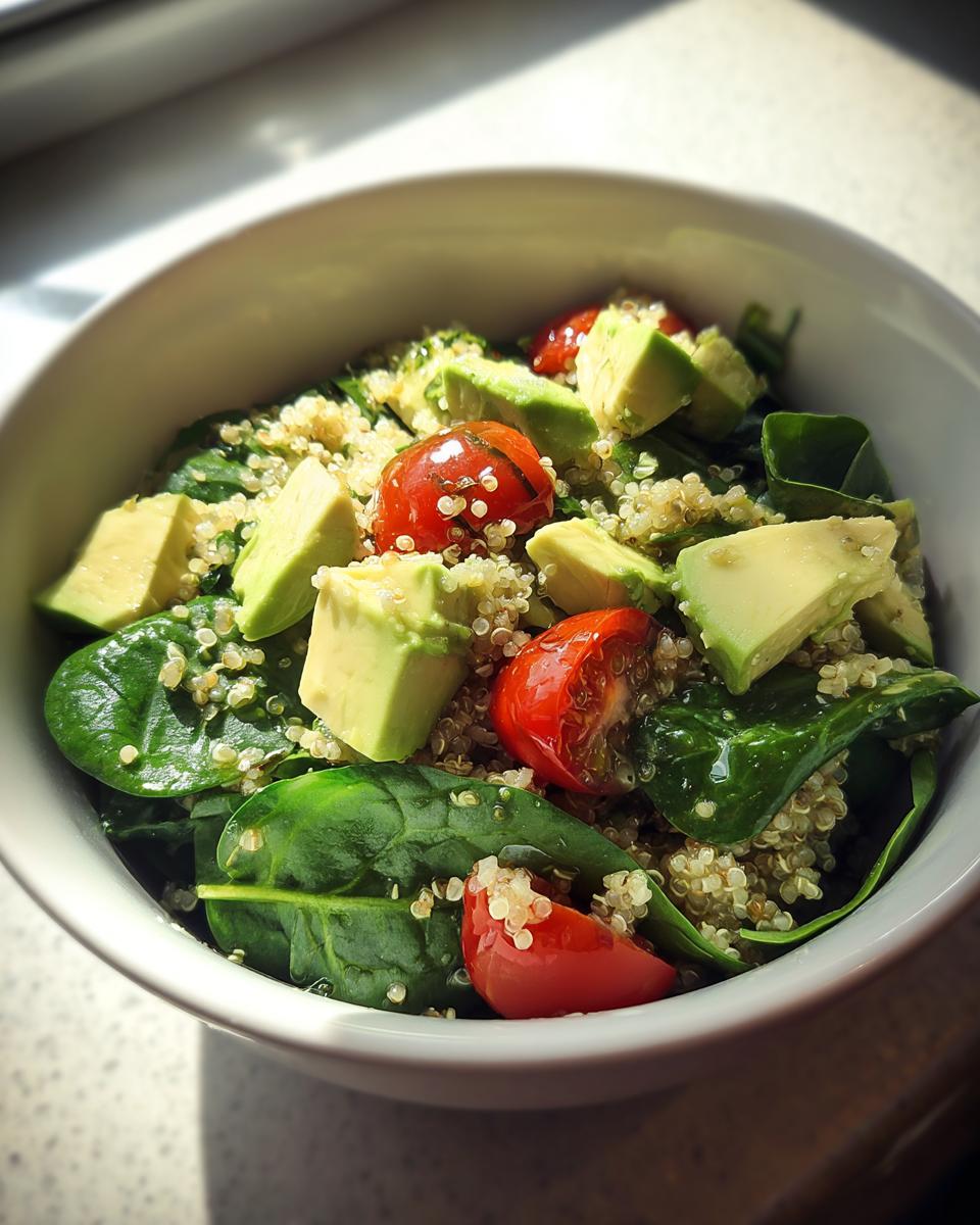Ensalada con quinoa, aguacate, tomates cherry y espinacas frescas en un bol blanco