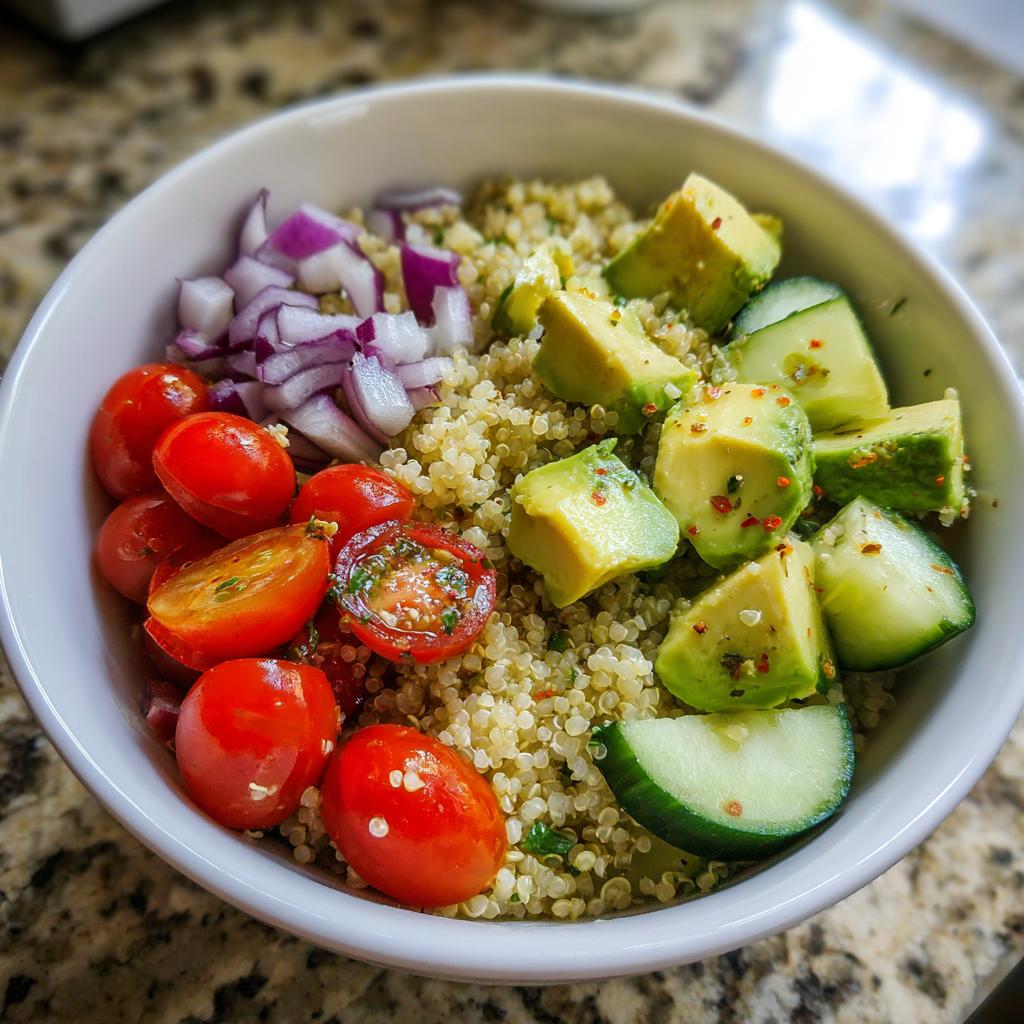 Ensalada con quinoa, tomate cherry, aguacate, pepino y cebolla morada para cenas rápidas para días de calor