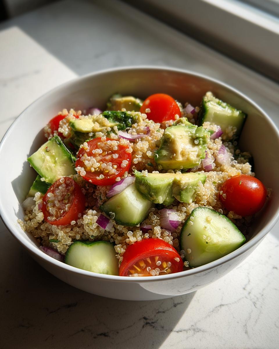 Bol blanco con ensalada de quinoa, tomate cherry, aguacate y pepino fresca
