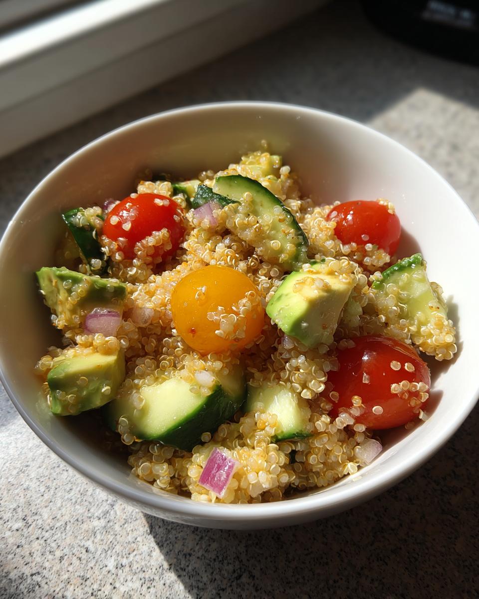 Ensalada de quinoa con tomate cherry, aguacate, pepino y cebolla morada en un bol blanco