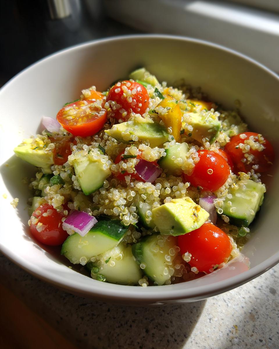 Ensalada de quinoa con tomate cherry, pepino, aguacate y cebolla morada en un bol blanco.