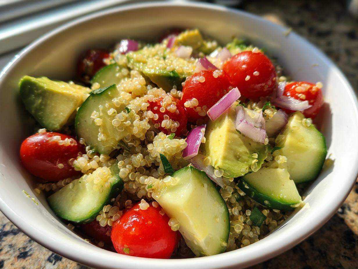 Ensalada con quinoa, tomate cherry, pepino, aguacate y cebolla morada en un bol blanco.