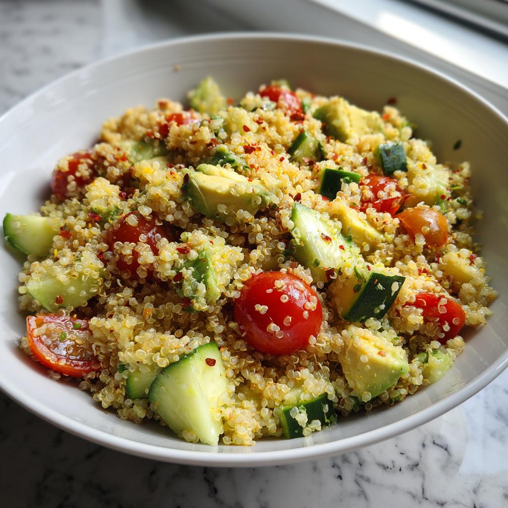 Ensalada de quinoa con tomate cherry, pepino y aguacate en un bol blanco.