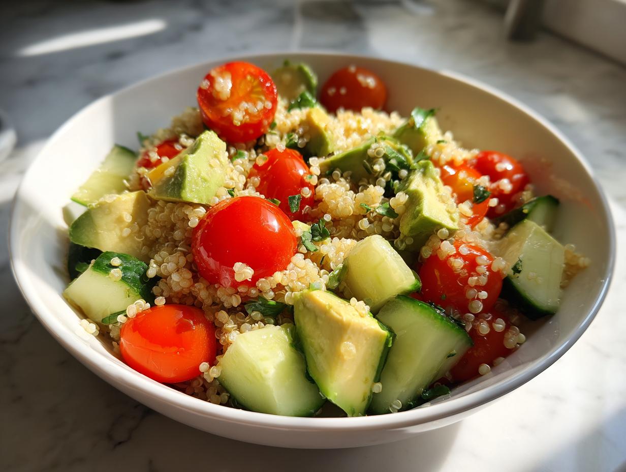 Ensalada de quinoa con tomate cherry, aguacate y pepino en un bol blanco.
