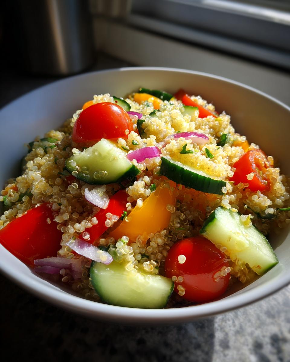 Ensalada de quinoa con tomate cherry, pepino, pimiento y cebolla morada en un bol blanco
