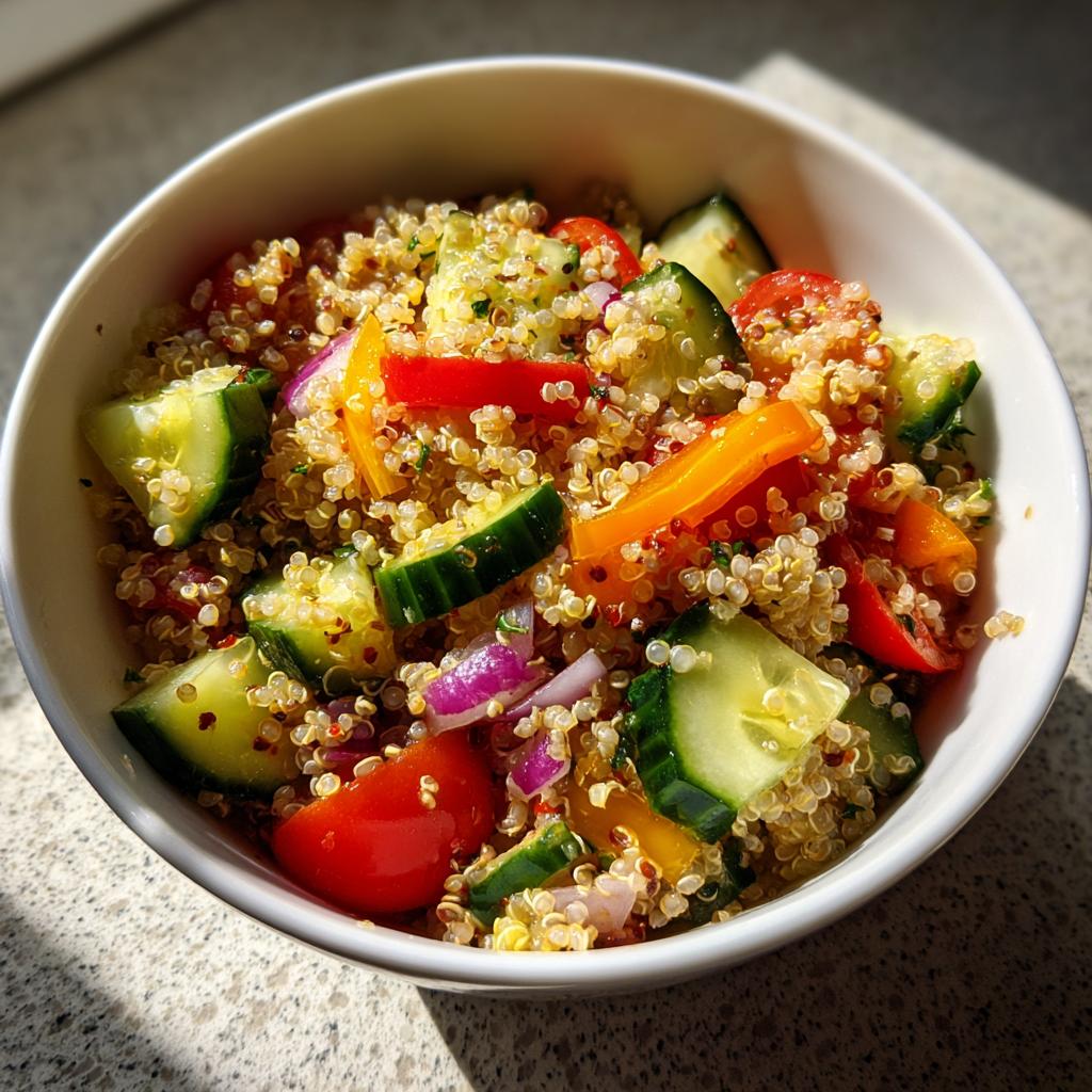 Ensalada de quinoa con pepino, tomate, pimiento y cebolla roja en un bol blanco