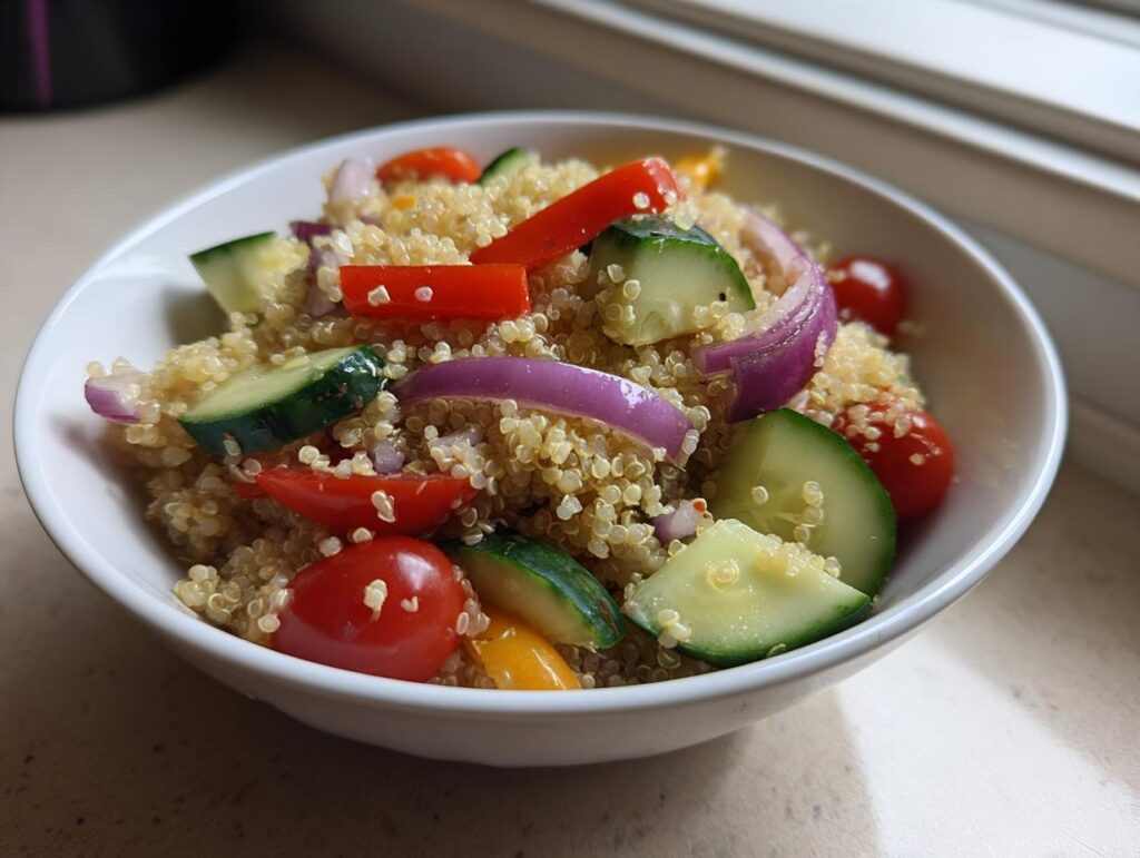 Ensalada de quinoa con pepino, tomate cherry, pimiento y cebolla para recetas de comidas para llevar al trabajo