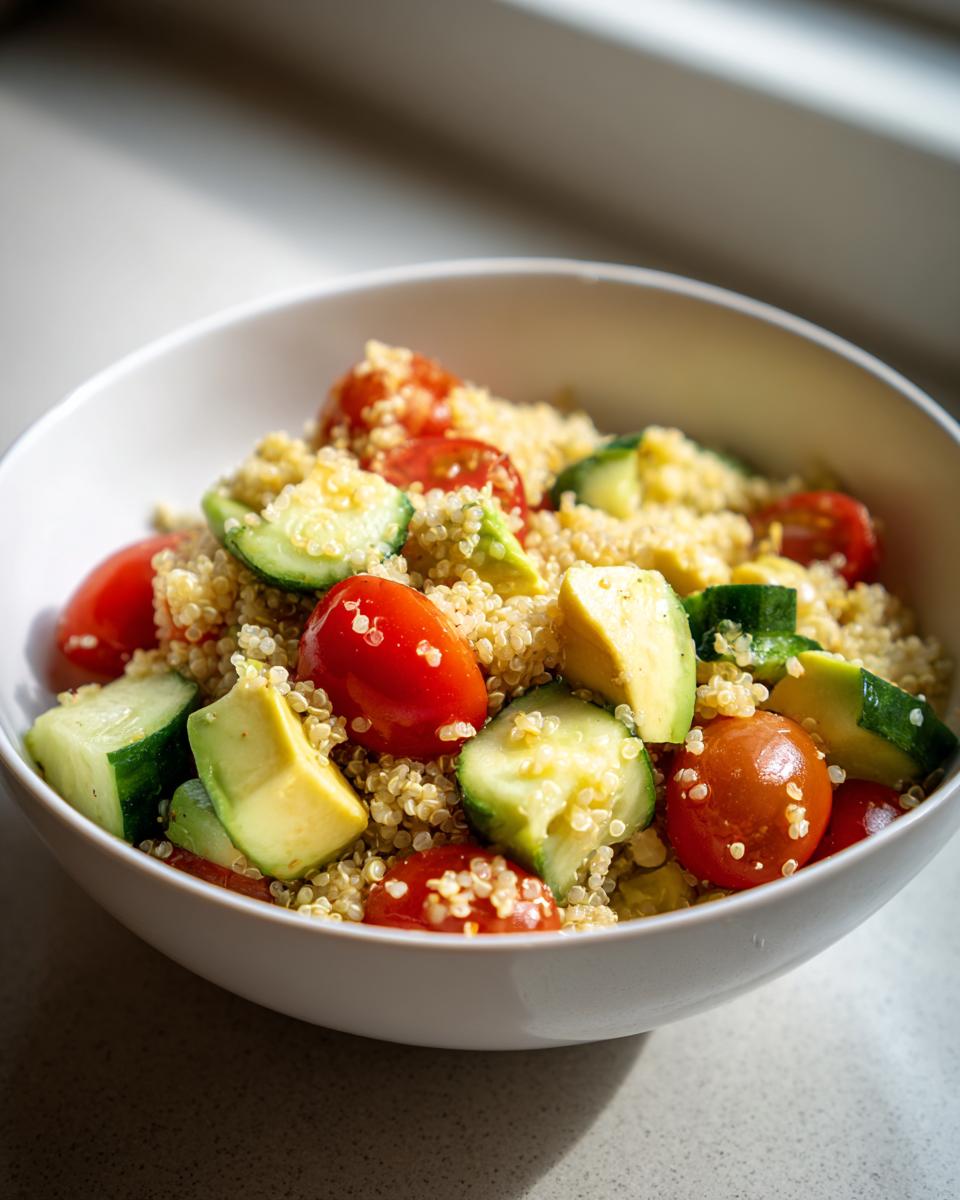 Ensalada de quinoa con tomate cherry, aguacate y pepino en un bol blanco