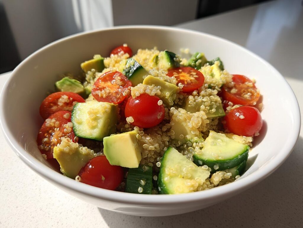 Ensalada con quinoa, tomate cherry, aguacate y pepino en un bol blanco, ideal para comidas para llevar al trabajo