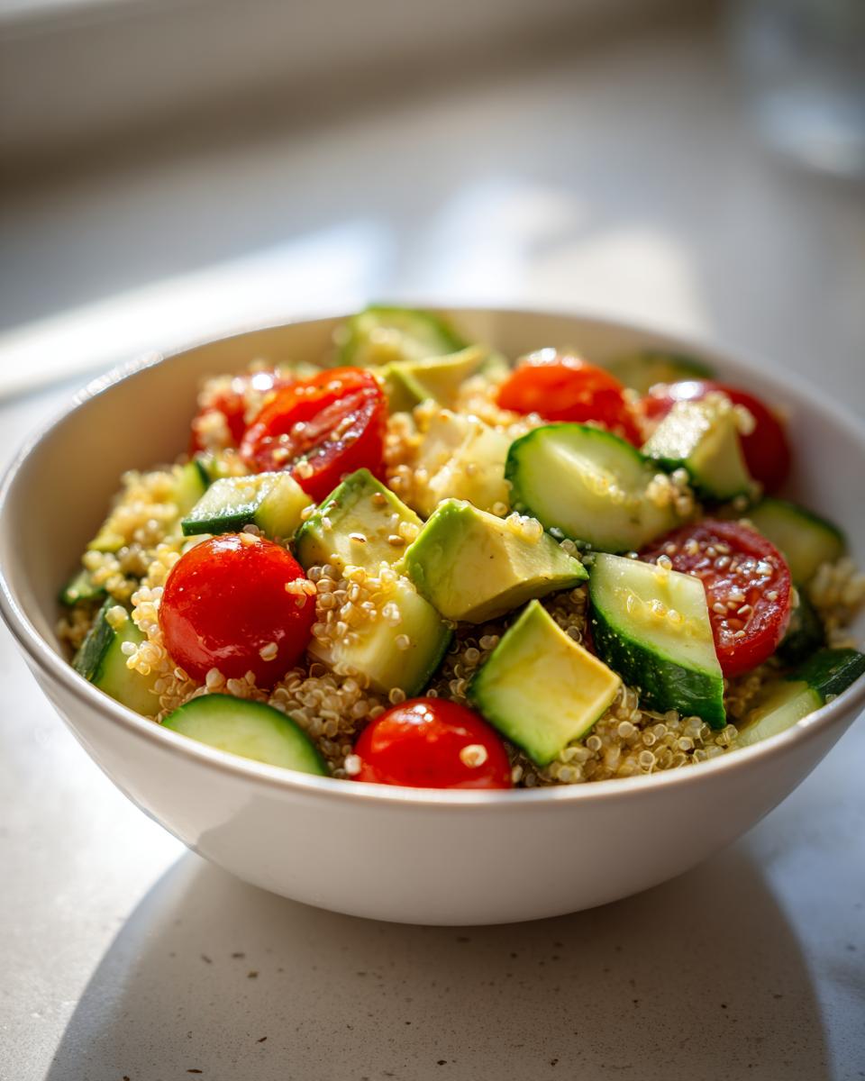 Ensalada con quinoa, tomate cherry, pepino y aguacate en un tazón blanco, ideal para comidas para llevar al trabajo