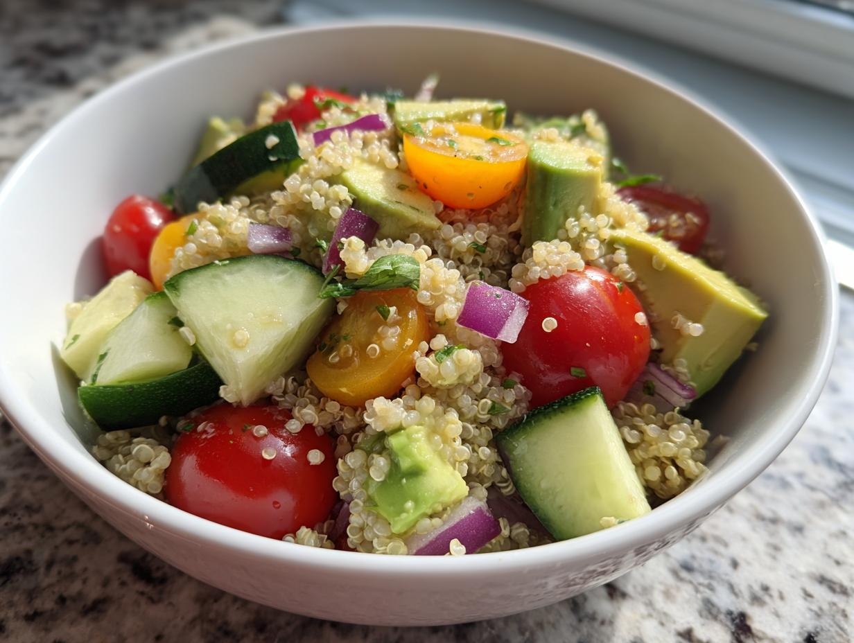 Ensalada fría con quinoa, tomate cherry, pepino, aguacate y cebolla morada en un bol blanco.