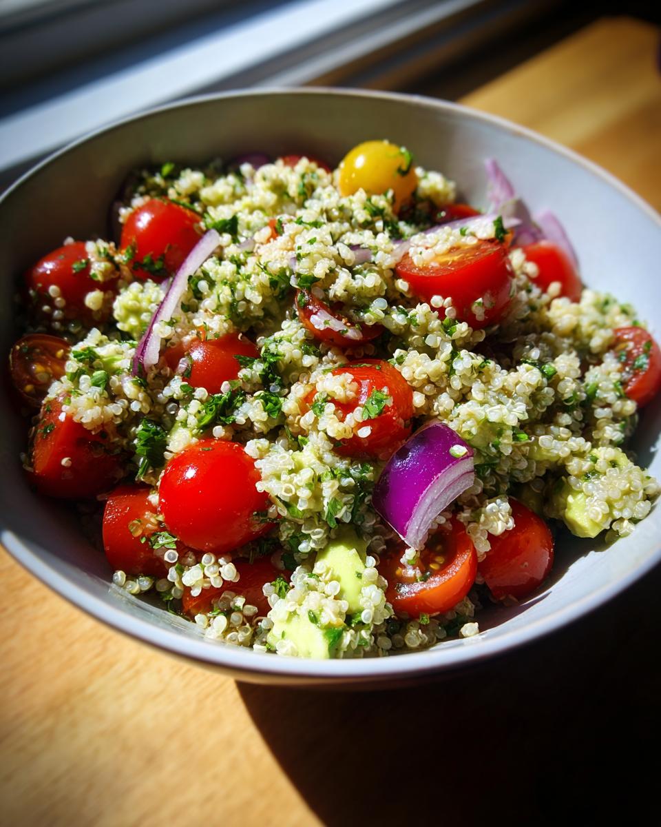Ensalada de quinoa con tomate cherry, cebolla morada y perejil en un bol blanco