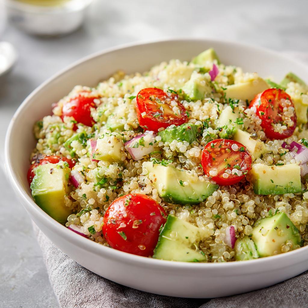 Ensalada fresca de quinoa con tomates cherry y aguacate en un bol blanco