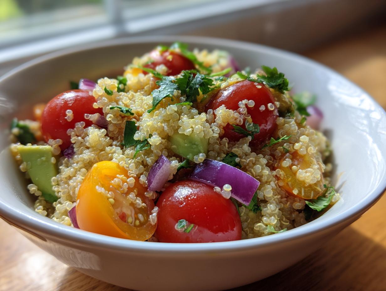 Ensalada con quinoa, tomates cherry rojos y amarillos, cebolla morada y cilantro en un tazón blanco
