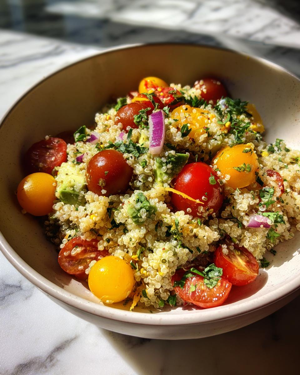 Ensalada con quinoa, tomates cherry rojos y amarillos, cebolla morada y hierbas frescas