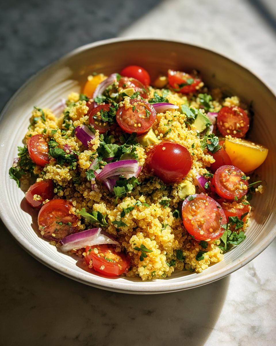 Ensalada con quinoa, tomates cherry, cebolla morada y perejil en un bol blanco, recetas light para cenar en abril