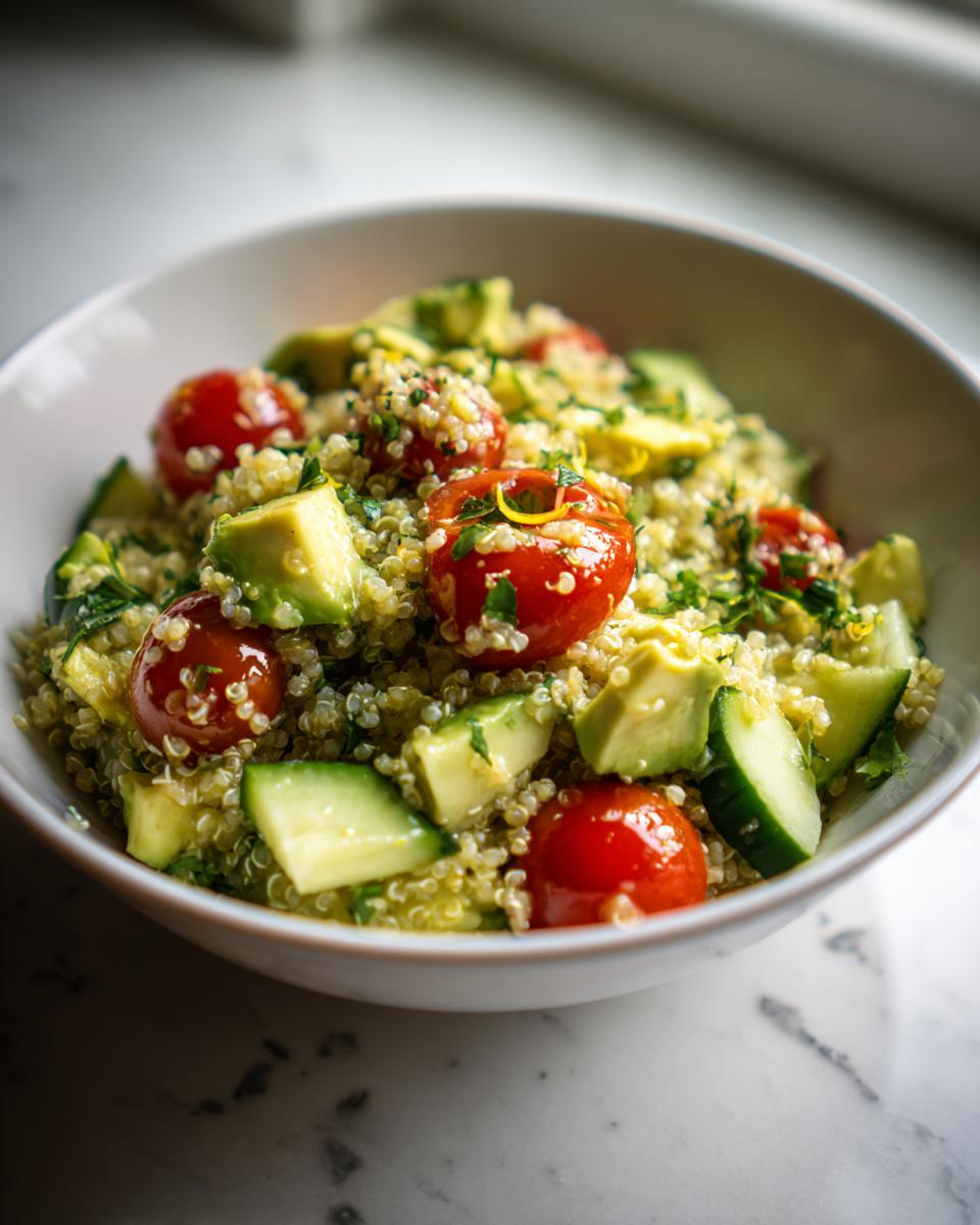 Ensalada con quinoa, tomates cherry, aguacate y pepino en un bol blanco