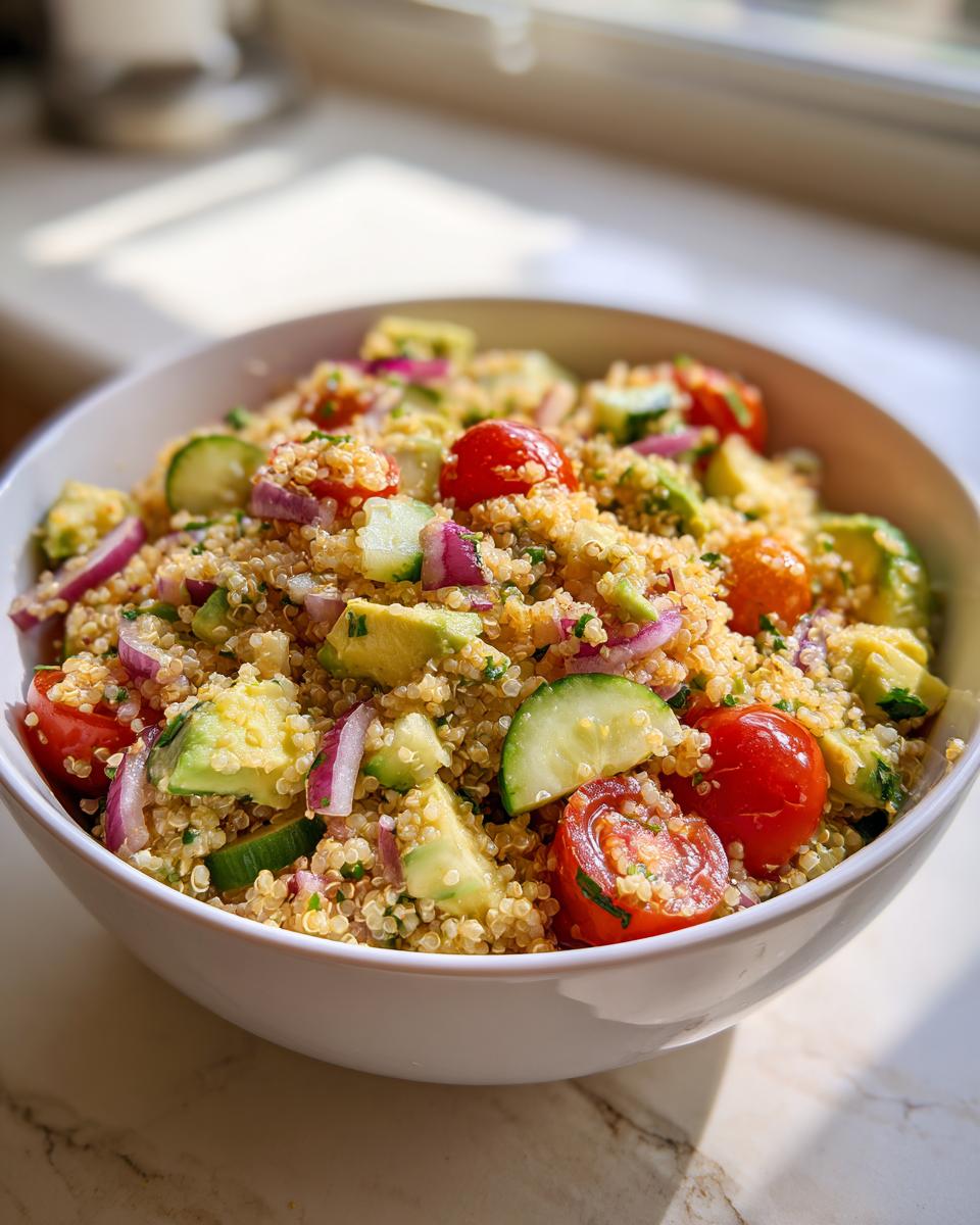Ensalada con quinoa, tomate cherry, pepino, aguacate y cebolla morada en un tazón blanco