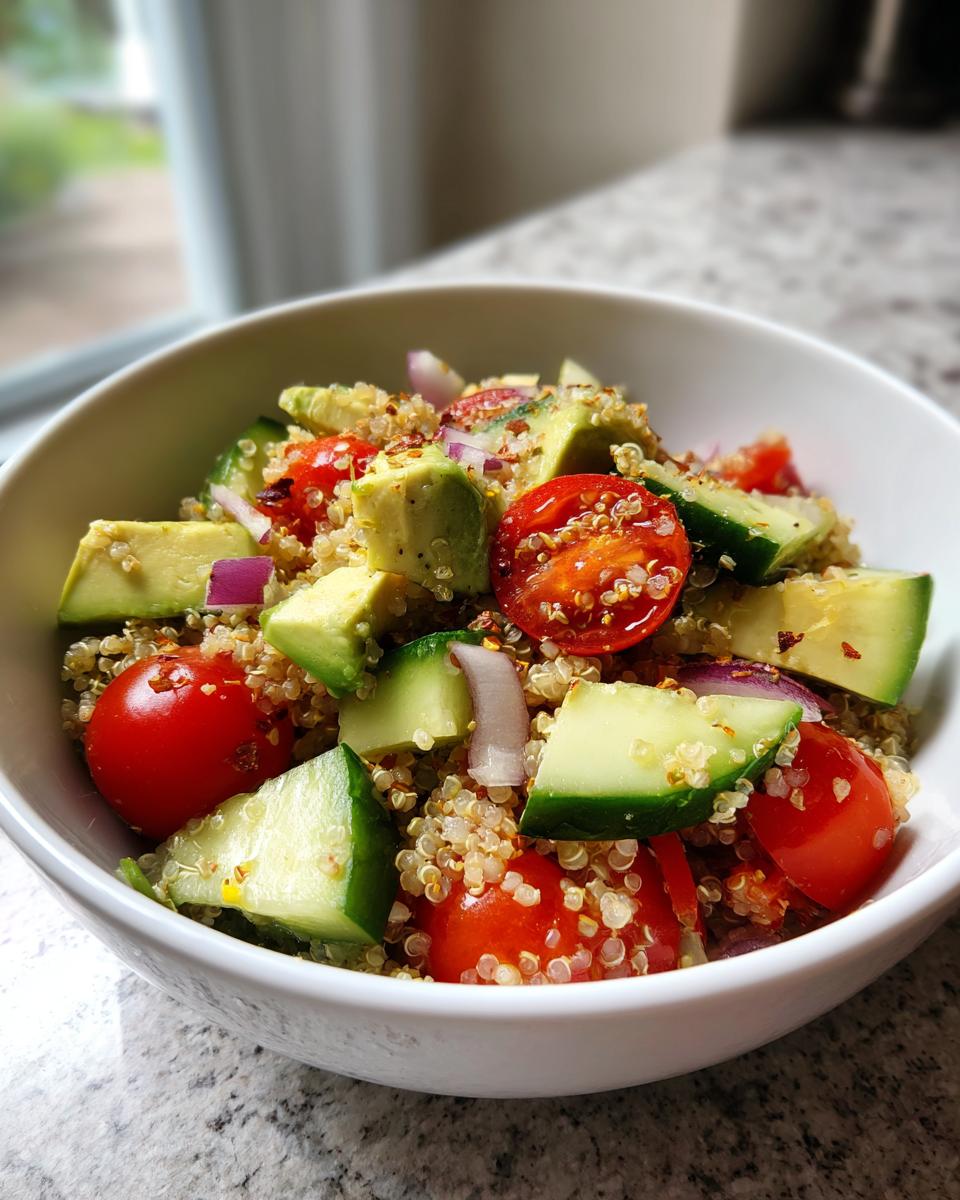 Ensalada con quinoa, aguacate, tomate cherry, pepino y cebolla morada en un tazón blanco