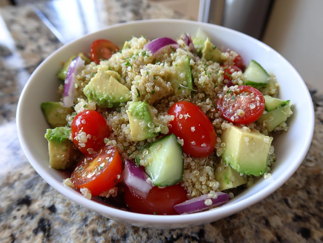 Ensalada con quinoa, aguacate, tomate cherry, pepino y cebolla morada en un bol blanco