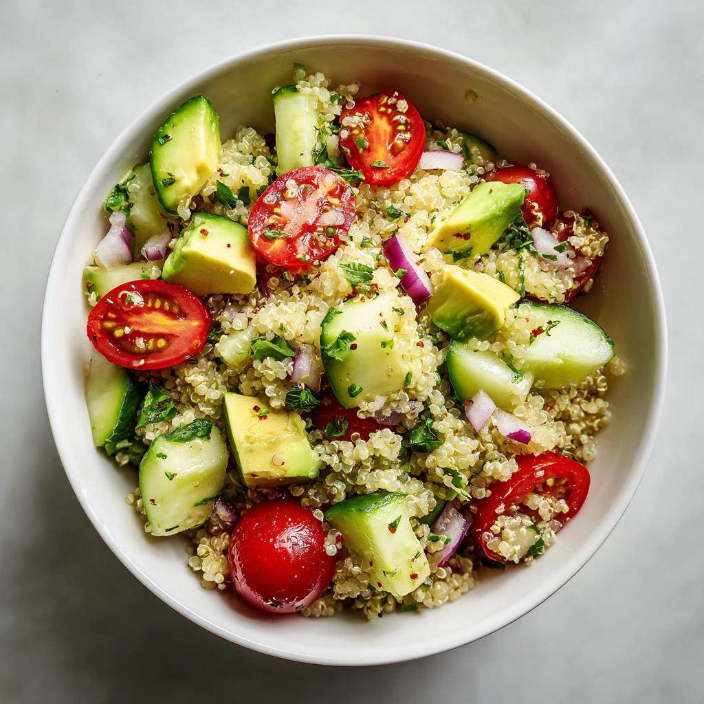 Ensalada de quinoa con tomate cherry, aguacate, pepino y cebolla morada en un bol blanco