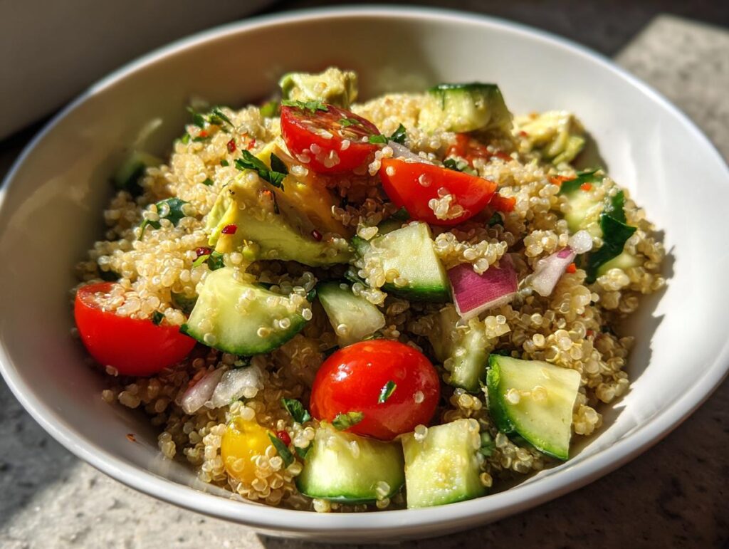 Ensalada con quinoa, tomates cherry, pepino y cebolla en un bol blanco, receta vegetariana fácil