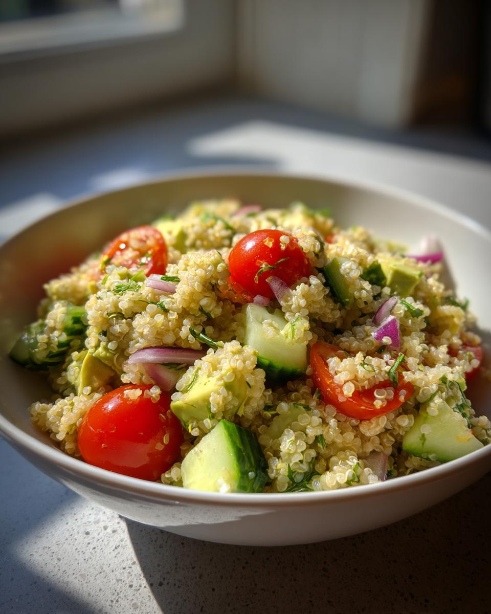 Plato de ensalada de quinoa con tomates cherry, pepino, cebolla morada y hierbas frescas
