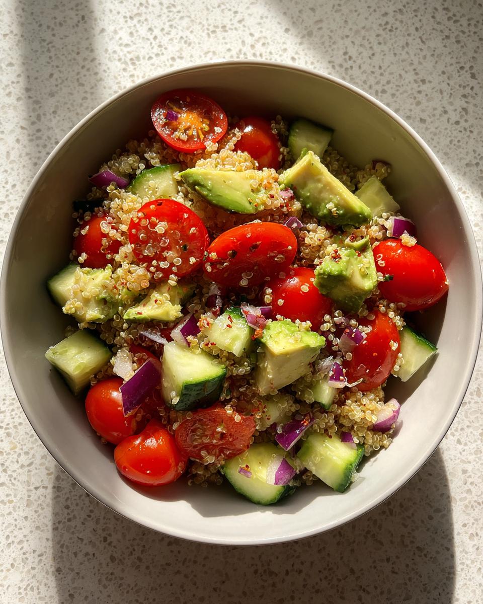 Ensalada con quinoa, tomate cherry, aguacate, pepino y cebolla morada en un tazón blanco