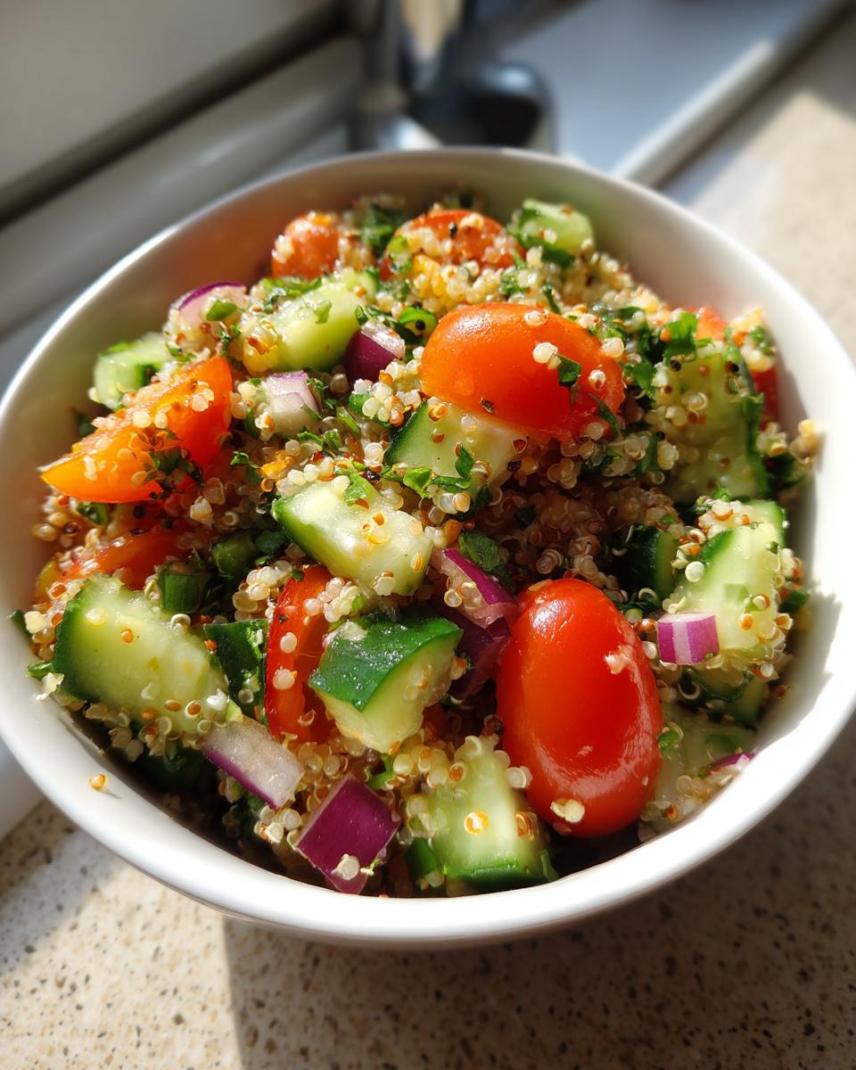 Ensalada con quinoa, tomate cherry, pepino y cebolla morada en un bol blanco