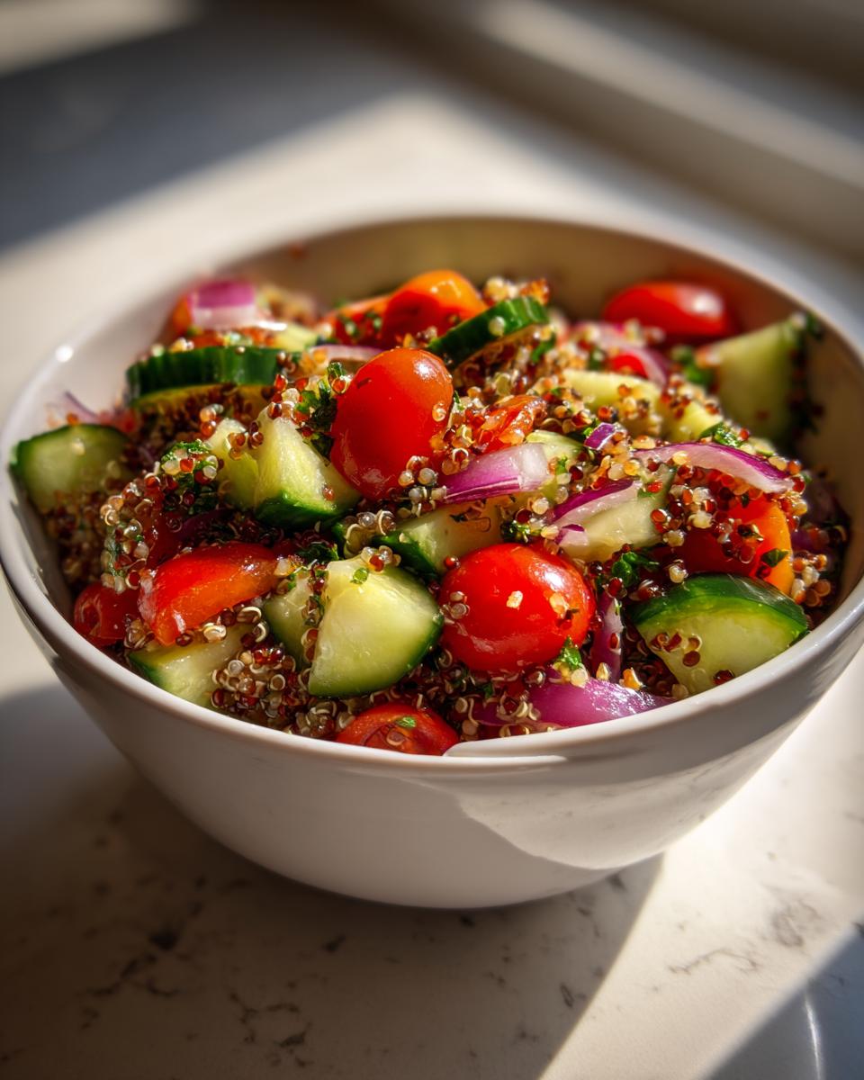 Ensalada con quinoa, tomates cherry, pepino y cebolla roja en un bol blanco