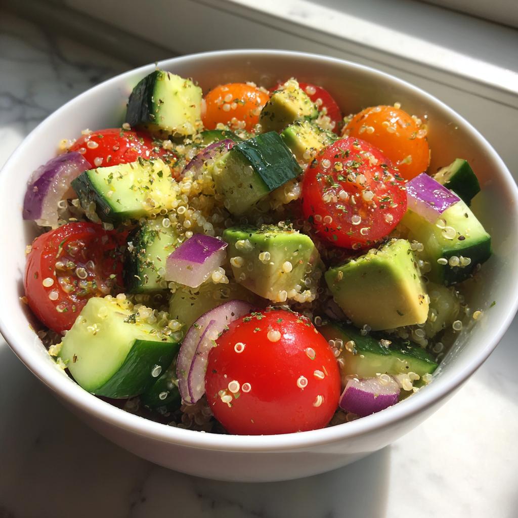 Ensalada fresca con quinoa, tomates cherry, pepino, aguacate y cebolla morada en un bol blanco