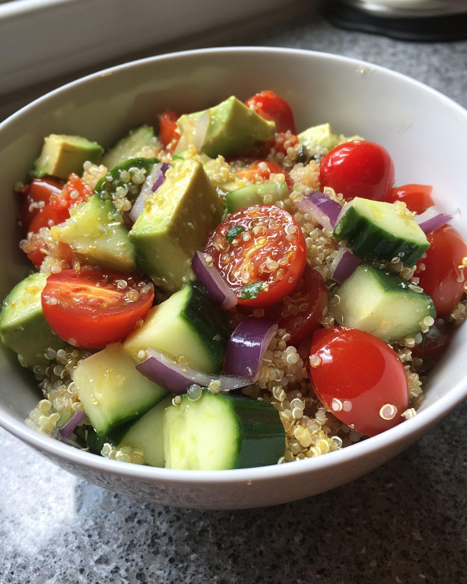 Ensalada con quinoa, tomate cherry, pepino, aguacate y cebolla morada en un bol blanco