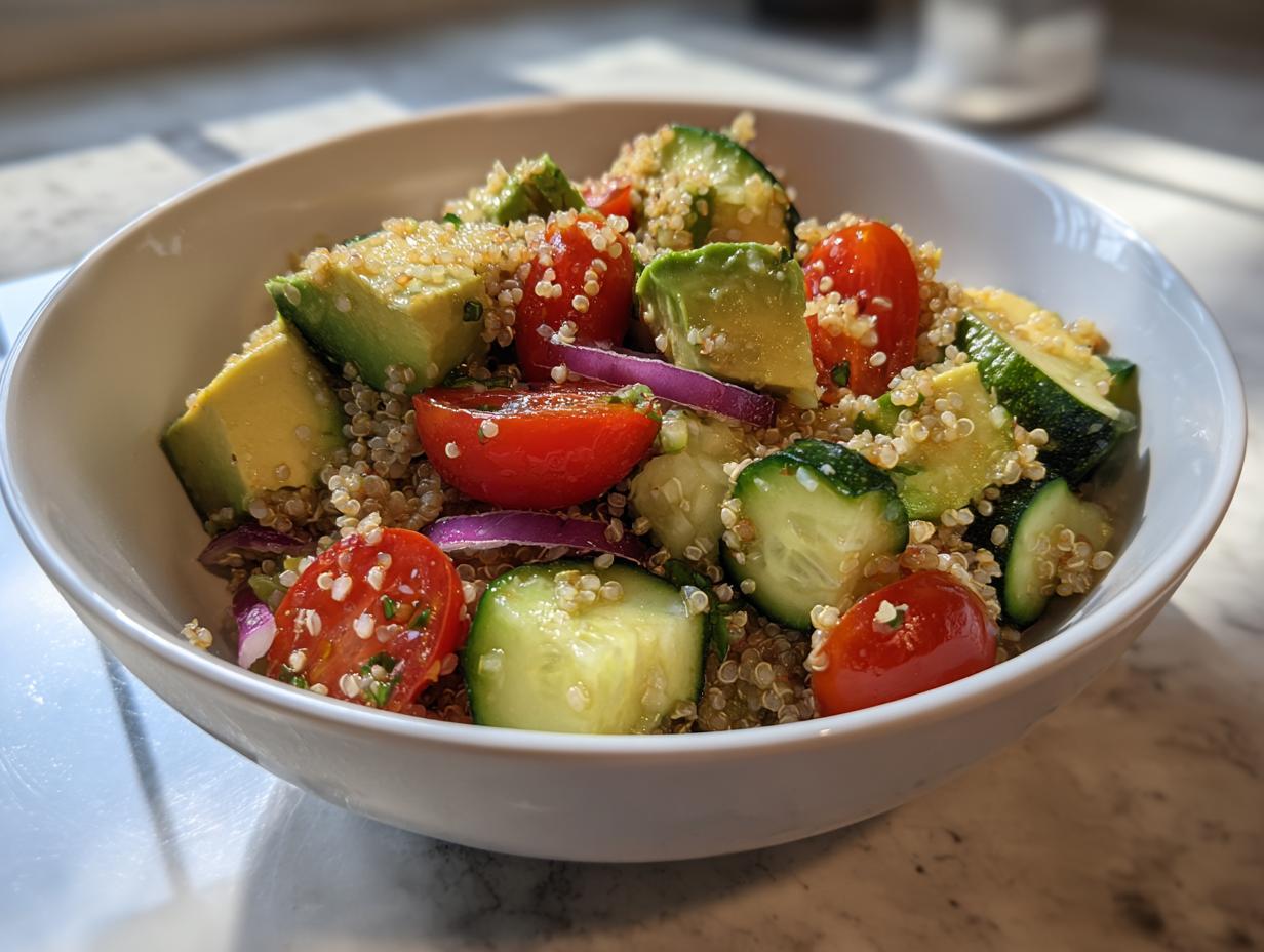 Ensalada fresca con quinoa, aguacate, tomate cherry, pepino y cebolla morada en un bol blanco