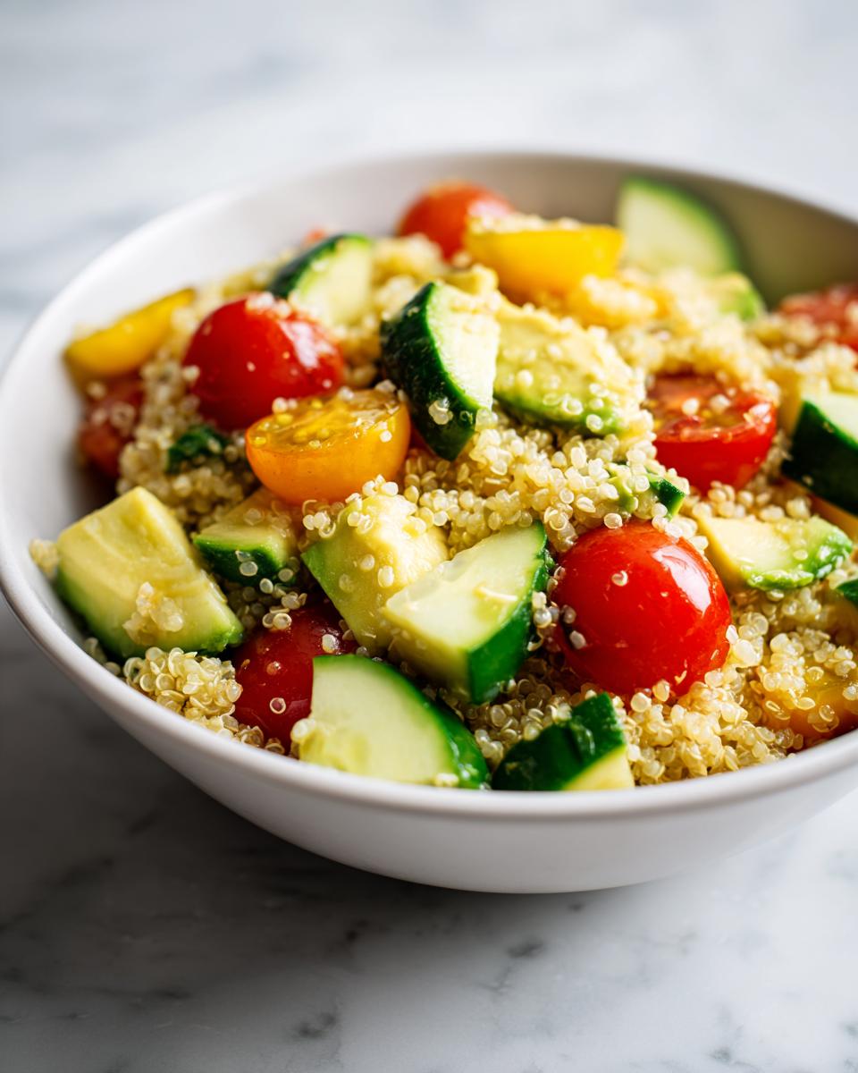 Ensalada de quinoa con tomates cherry y pepino en un bol blanco, ideal para cenas saludables en 30 minutos