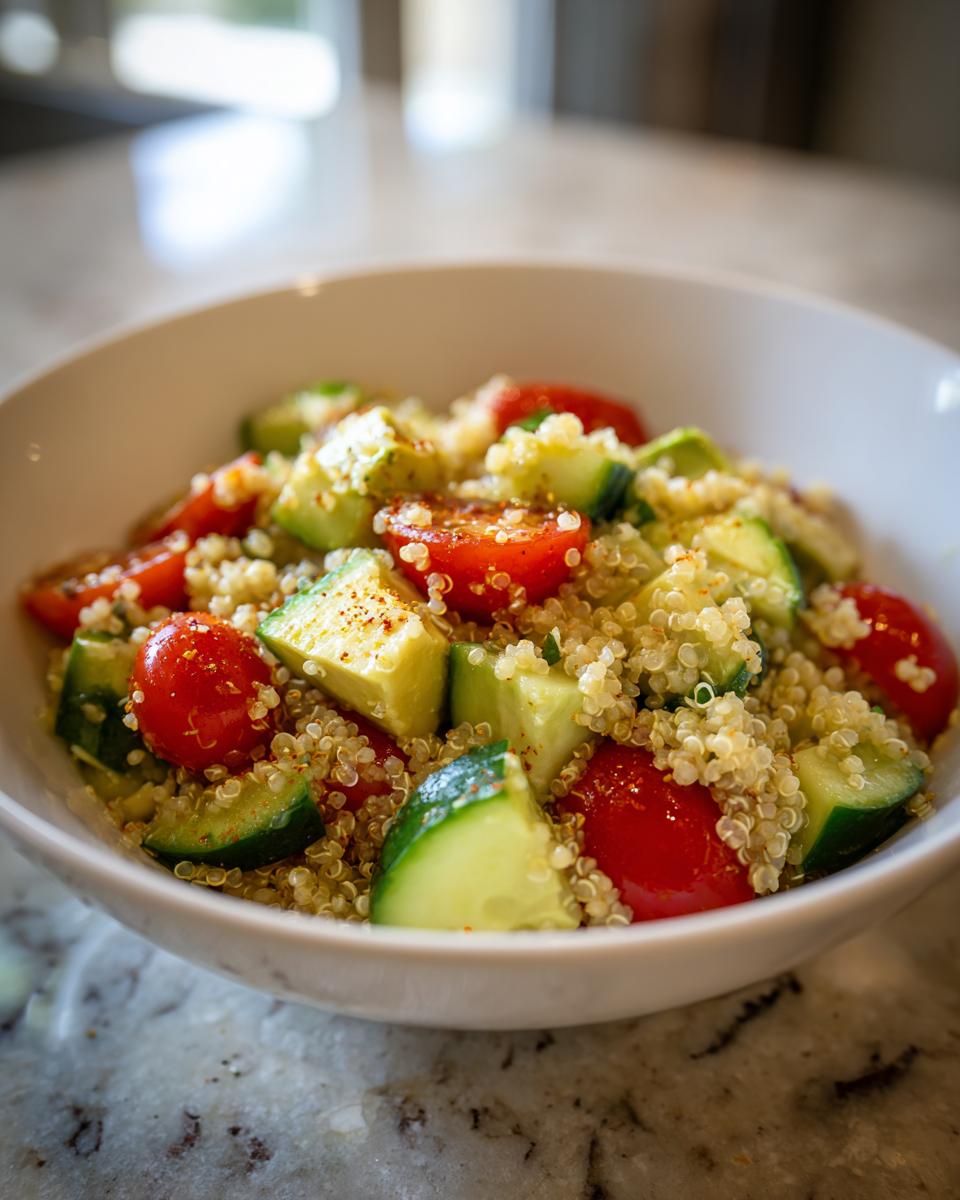 Ensalada de quinoa con tomates cherry y pepino en un bol blanco, ideal para comidas para llevar al trabajo
