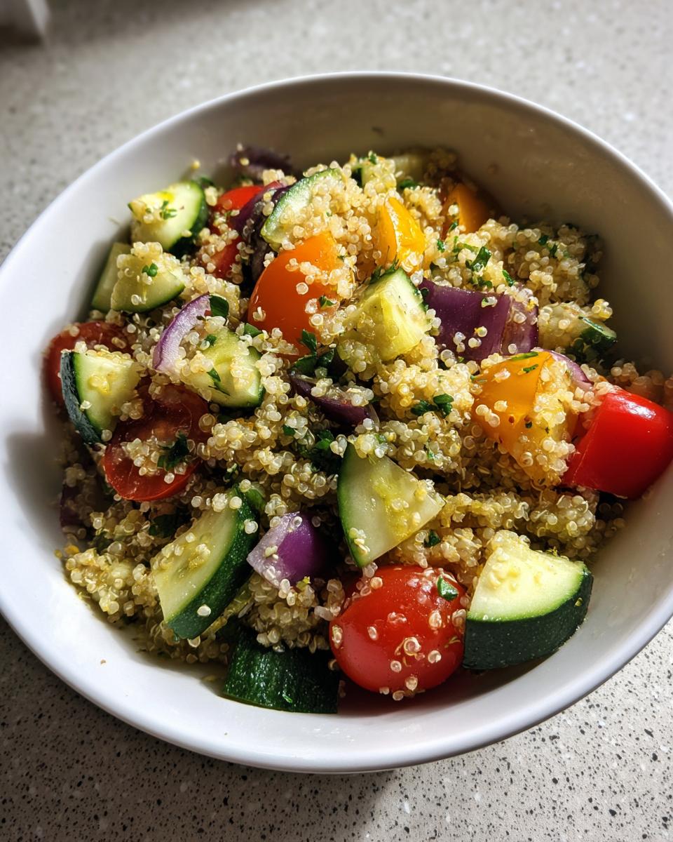 Ensalada de quinoa con tomate, pepino, cebolla morada y pimiento en un bol blanco.