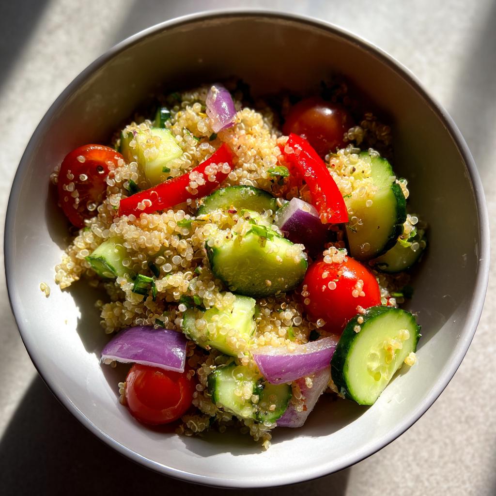 Ensalada de quinoa con pepino, tomate cherry, cebolla morada y pimiento rojo en un bol blanco